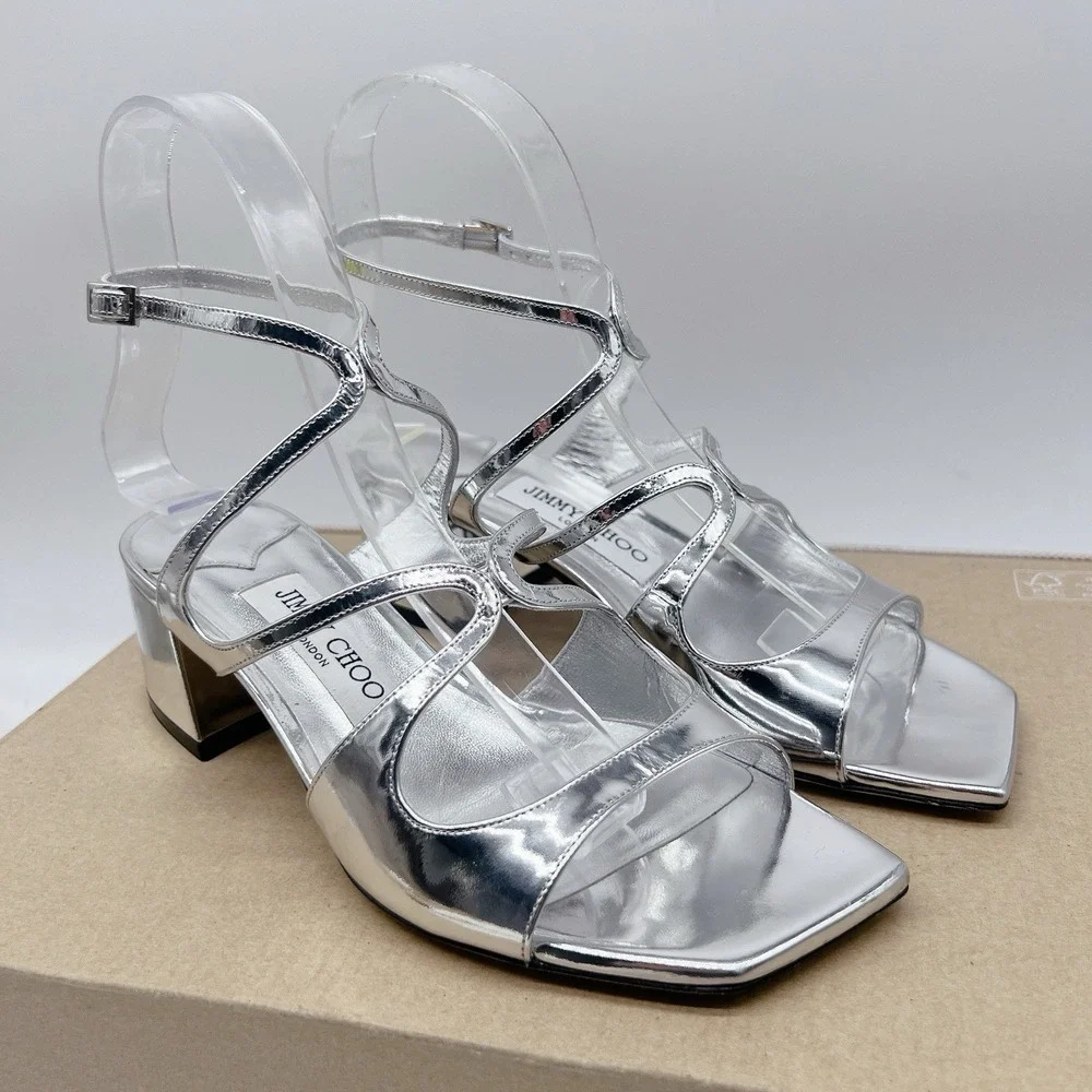 Jimmy Choo Azilia 45 Women's Heels Scrappy Sandals Metallic Silver Leather US 6 - Picture 4 of 12